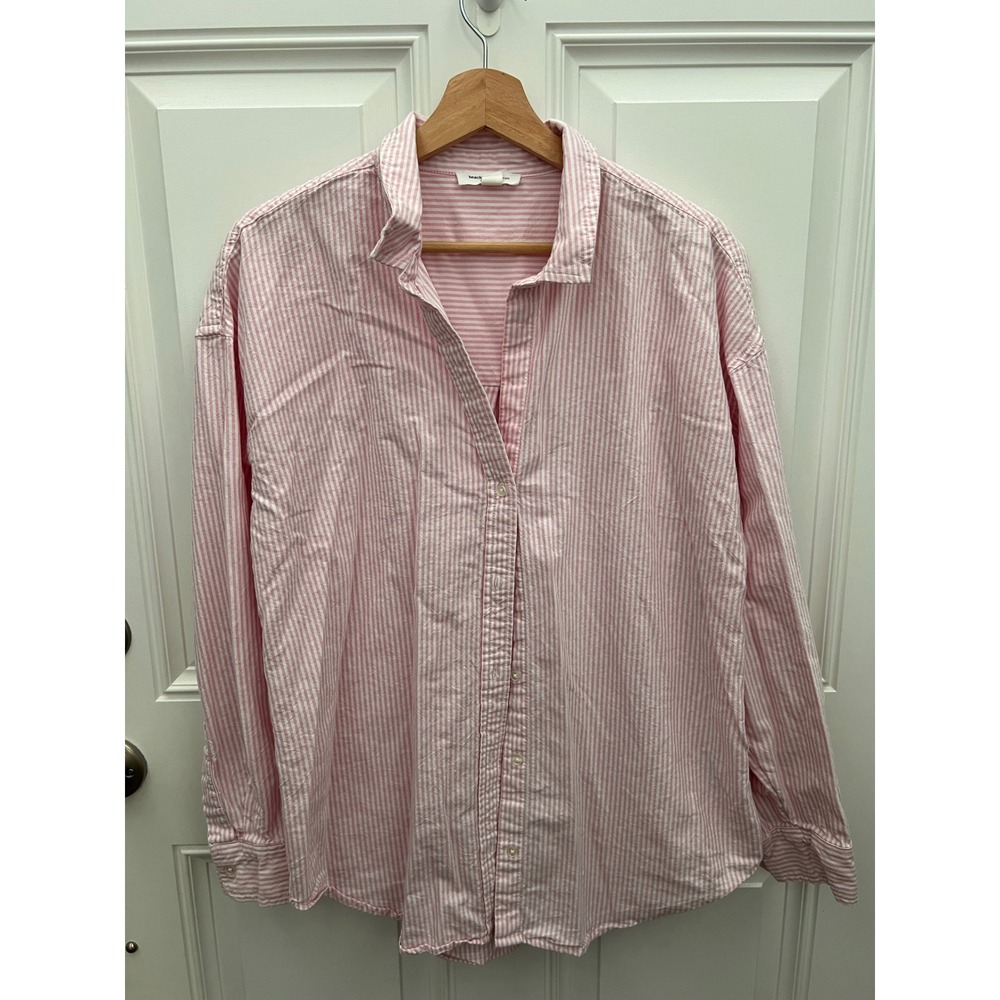 Beachlunchlounge Pink‎ White Striped Cotton Button Down Shirt LTT5686 Womens L